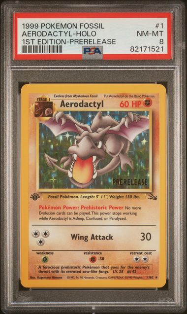 PSA 8 Near Mint - 1999 Pokemon Fossil Aerodactyl Holo 1st Ed Prerelease #1