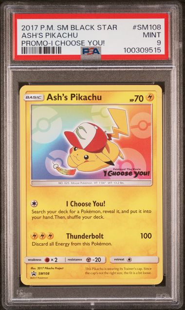 PSA 9 Mint - 2017 Pokemon Black Star Promo Ash's Pikachu #SM108