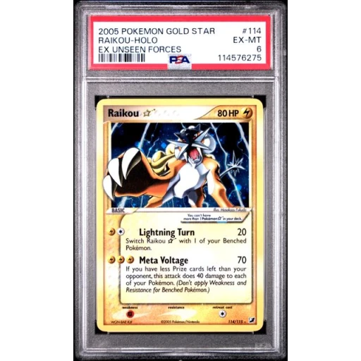 PSA 6 Excellent - 2005 Pokemon EX Unseen Forces Raikou Gold Star #114