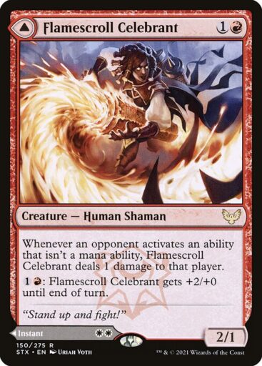 Strixhaven: School of Mages - 150 - Flamescroll Celebrant // Revel in Silence - Rare - C - Non-foil