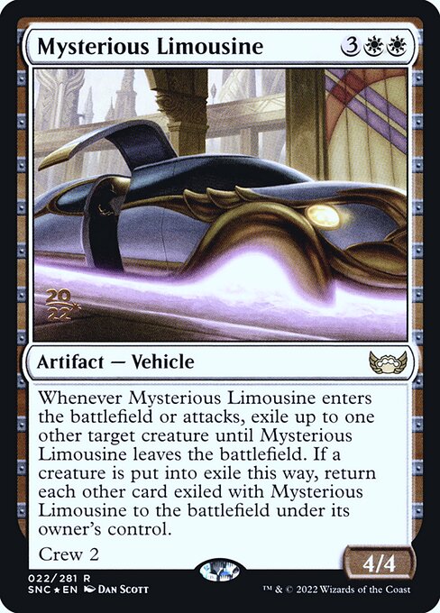 Streets of New Capenna Promos - 22s - Mysterious Limousine - Rare - W - Foil - Datestamped Promo (Front)