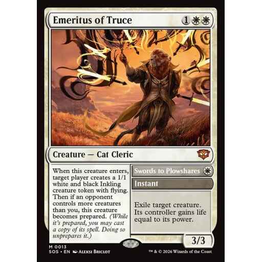 Secrets of Strixhaven - 13 - Emeritus of Truce // Swords to Plowshares - Mythic - W - Non-foil (Front)