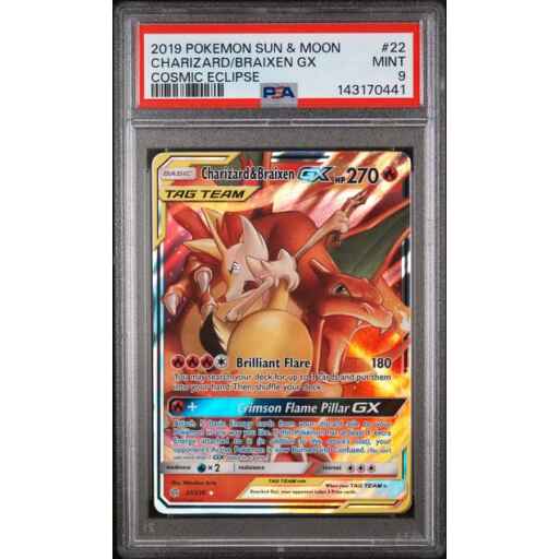 PSA 9 Mint - 2019 Pokemon Cosmic Eclipse Charizard & Braixen GX #22