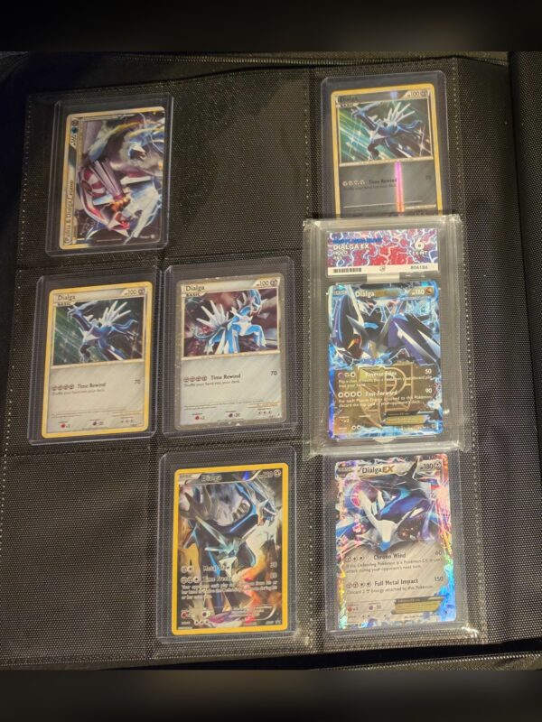 Permside med flere Dialga EX-kort, blant dem et gradert eksemplar