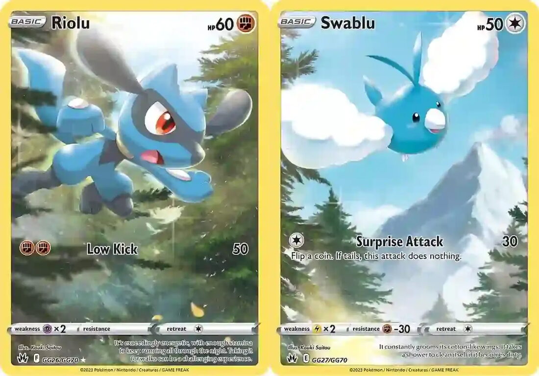 Riolu GG26 og Swablu GG27 side om side, der bakgrunnen fortsetter over kanten